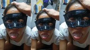 Petite Asian teen gives deepthroat and takes a big pole facial