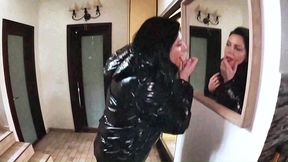 milfycalla – shiny downjacket, jeans & leotard stairway sex (uncut cum on clothes)