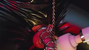 He is locked in chastity, hard, desperate, completely under my control. I use the stimulator only to intensify his torment, to watch his body react without release, to remind him that his pleasure does not belong to him it belongs to me. Every shiv