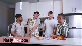 Sexy DILF roomate trying to teach me cooking but soon our friends arrived and things got outta hand