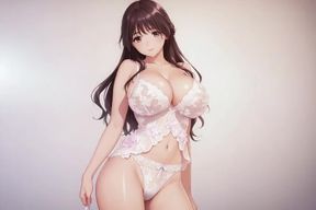 Beautiful brown-haired girl with very big breasts sweetly masturbates