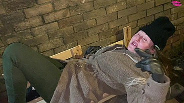Homless woman poked in the face with a cock