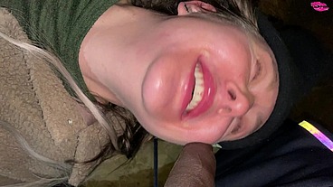Homless woman poked in the face with a cock