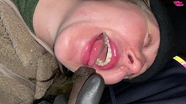 Homless woman poked in the face with a cock