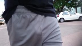 Freeballing Grey Shorts: Flaccid Cock Swinging Outdoors