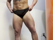 Buff Bodybuilder Strips and Flexes Naked