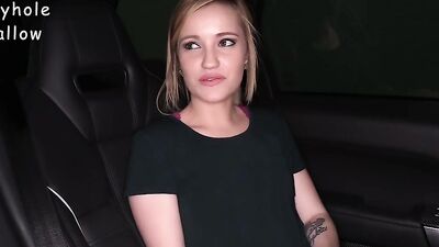 Cute girl Heidi is doing an interview in the backseat of a car