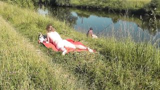 Riverside Nude cougar Sunbathing is not Shy about Random Fisher. Outside. Wild