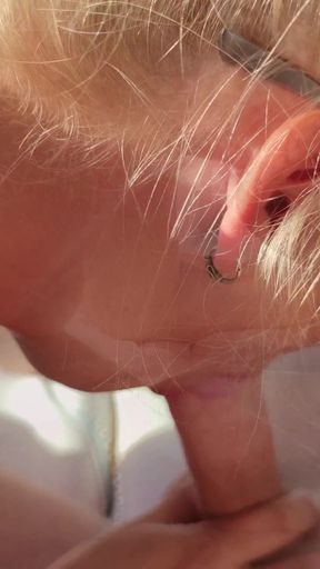 Coluld not resist giving him a nice blowjob outside on sunbed   Clip 1