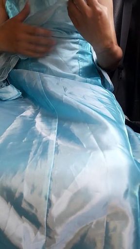 Asian Cross Masturbate and Cum Wearing Satin Shiny Blue Gown