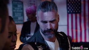 Biker dude Charles Dera banged the hot black GF of one of the clubs prospects