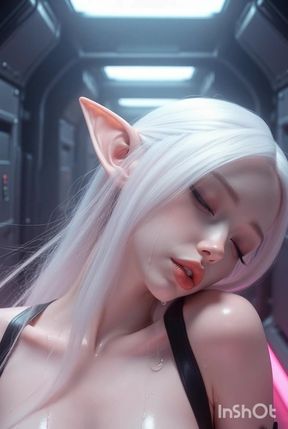 White haired elf in pink slime kisses and licks