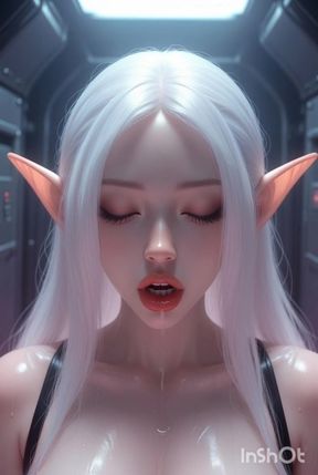 White haired elf in pink slime kisses and licks
