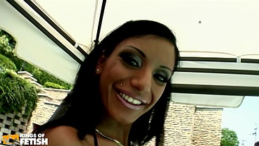 Guy fills tight ass of a tattooed babe with milk before screwing her outside