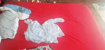 Amateur couple's crazy bedroom session ends with a cum shot on wife's big ass