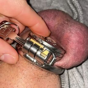 Close up flat chastity cage with urethral plug play