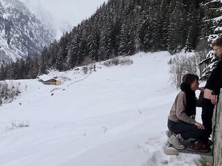 Pair HIDE TO SCREW whilst hiking IN THE SNOW,mountain forest and birdsong, romantic private love