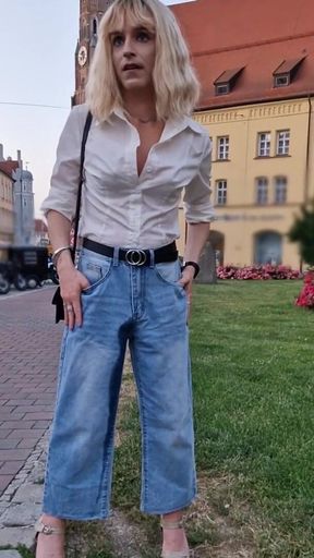 Public Wetting in the Middle of the City! Tranny Walking with Wet Jeans!