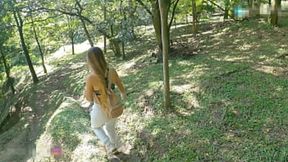 Close-up cumshot in a secluded park