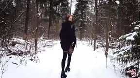 Winter forest nasty raw dog fucking, sloppy cum mouth blowjob