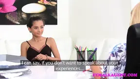 Sexy Slim Russian takes big dildo on agents couch