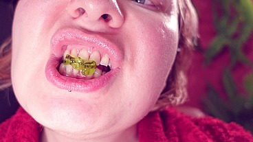 ASMR: eating jelly teddybears candies. Chewing. Mouth Close-up.
