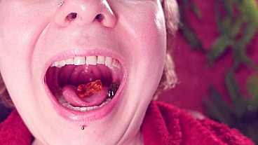 ASMR: eating jelly teddybears candies. Chewing. Mouth Close-up.