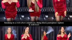 Smoking in a red velvet minidress, shiny black pantyhose &amp; stilettos