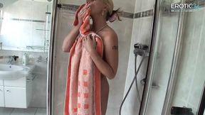 Horny German MILF gets hot while showering and immediately makes a hot cam session!