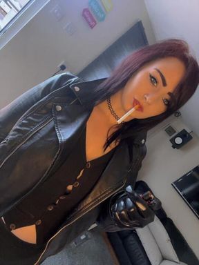 Bee showing off her DD's Bra,leather jacket,smoking,gloves making you weaker for me