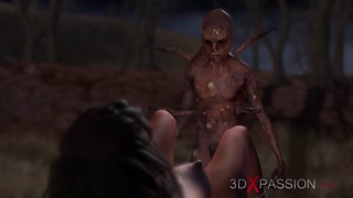 Fitness girl fucked by wood goblin in the dark forest at night