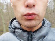 Making cum drink from two filled condoms after I was fucked public and my jerk off after cum eating