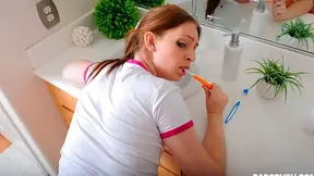 Shocked stepdaughter helps get rid of morning wood by fucking in the bathroom right damn now