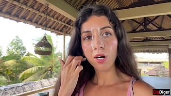 Skinny brunette teen gets cum on her face in public cafe
