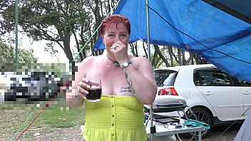 Master commands slutty MILF bitch to show off her tits & pussy at camping ground