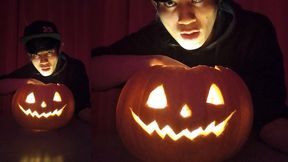 SFW Jon Arteen cute twink emo femboy carves a Halloween pumpkin in his underwear Jack-o&#039;-Lantern