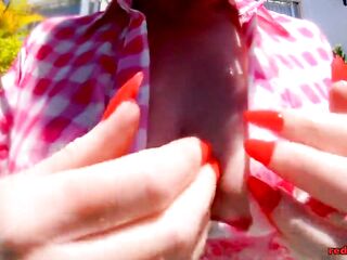 Red XXX masturbating and sucking knob during the time that in the pool
