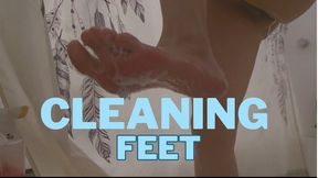 Cleaning my dirty feet especially soles and between toes