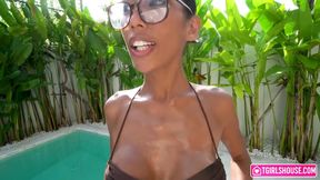 Big dick neighbor shows off for trans stepdaughter poolside fuck session