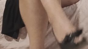 Bare legs in black bow pumps — close-up tapping &amp; calf flex tease