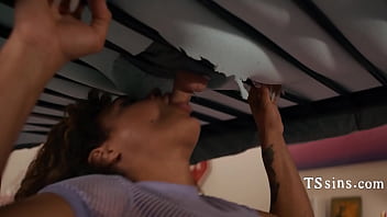 Nerdy TS Rides A Dick Popped Out of A Hole On Her Bed | TSSins