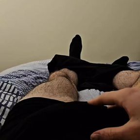 Straight guy playing with cock to cumshot in bed