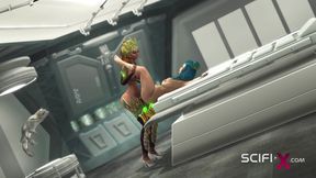 Futa alien plays with a young busty sexy hottie in the sci-fi lab