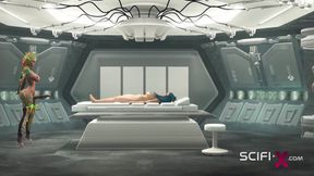Futa alien plays with a young busty sexy hottie in the sci-fi lab
