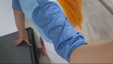 Cute Transsexual Gwen Tennyson in Thong getting Anal Fucked through her Torn Leggings by Big Dildo