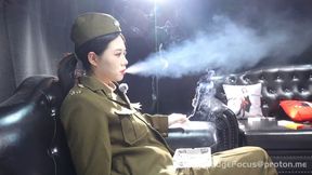 Military Uniform Smoking Roleplay: Asian Model Inhaling and Exhaling Thick Smoke Plumes 4K