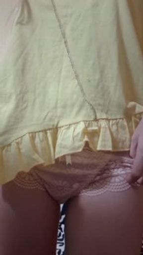 Tiny yellow dress reveals pussy