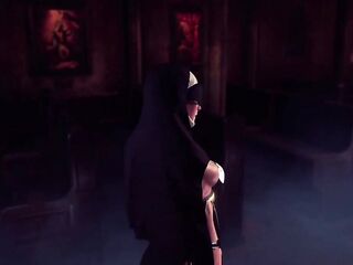 Concupiscent aged nun in ebony costume solo posing out of pants in cathedral