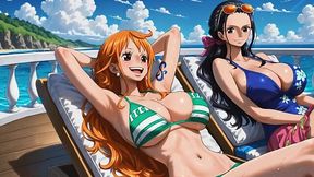 AI Generated Nico Robin and Nami from Anime One Piece got lesbian hot fuck on a ship