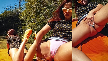 Girl drinks beer in the park. She rubs her pussy until she cums. Real Squirt Orgasm
